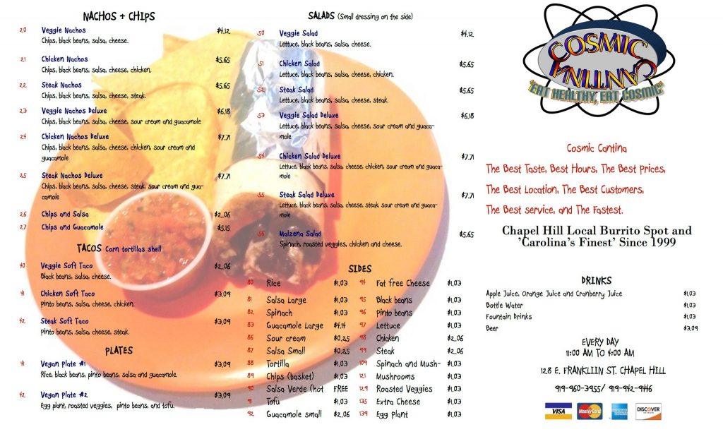 Cosmic's logo is located in the top right corner of this menu, which was posted to its Facebook page.
